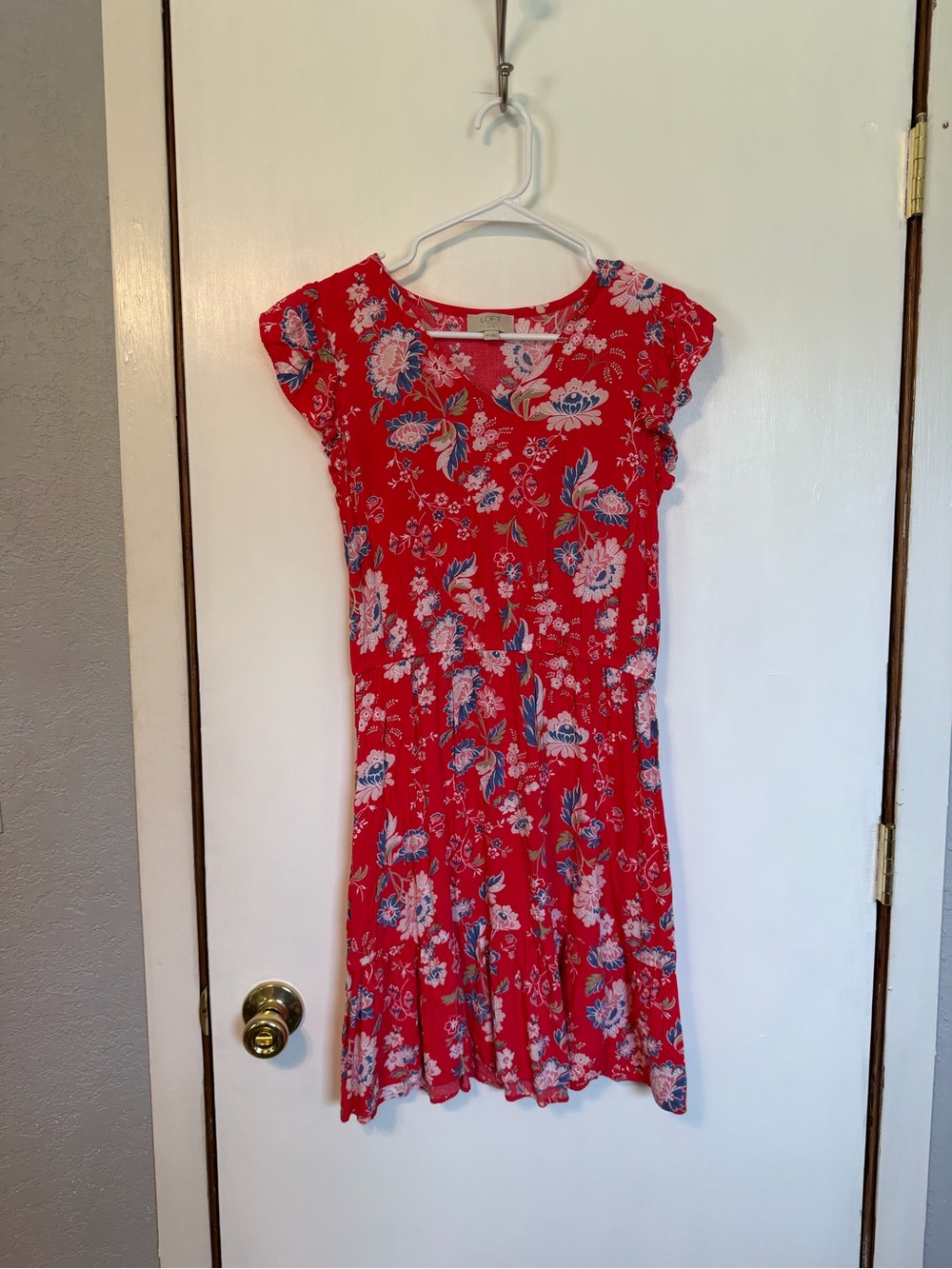 LOFT Red Floral Flutter-Sleeve Midi Dress